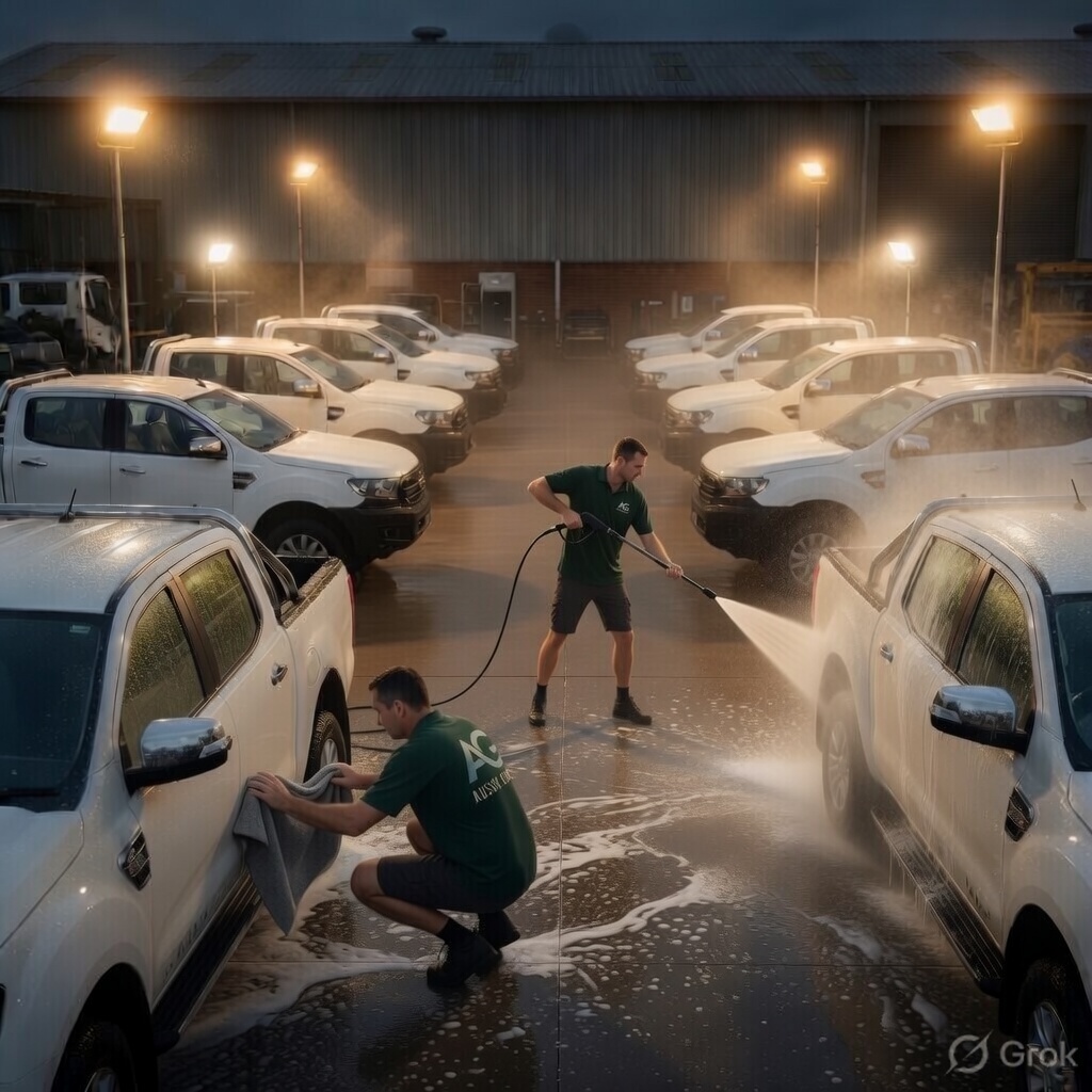 Aussie Gleam team cleaning a fleet of vehicles at night