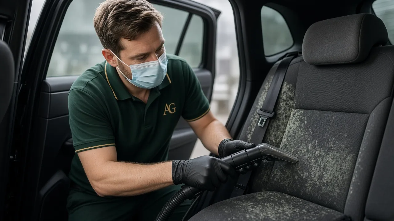 Aussie Gleam detailer in a green and gold polo extracting mould from a car seat, wearing a dust mask and gloves.