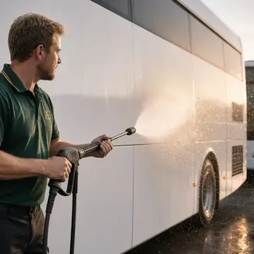 Pressure-washing a coach at a bus depot